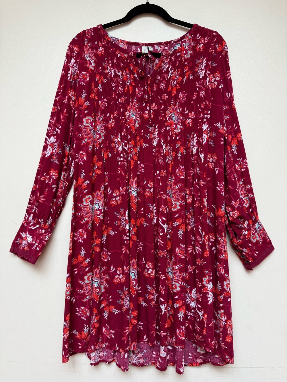 Sahalie Floral Paisley Tunic Blouse Burgundy Red Long Sleeve Size Large